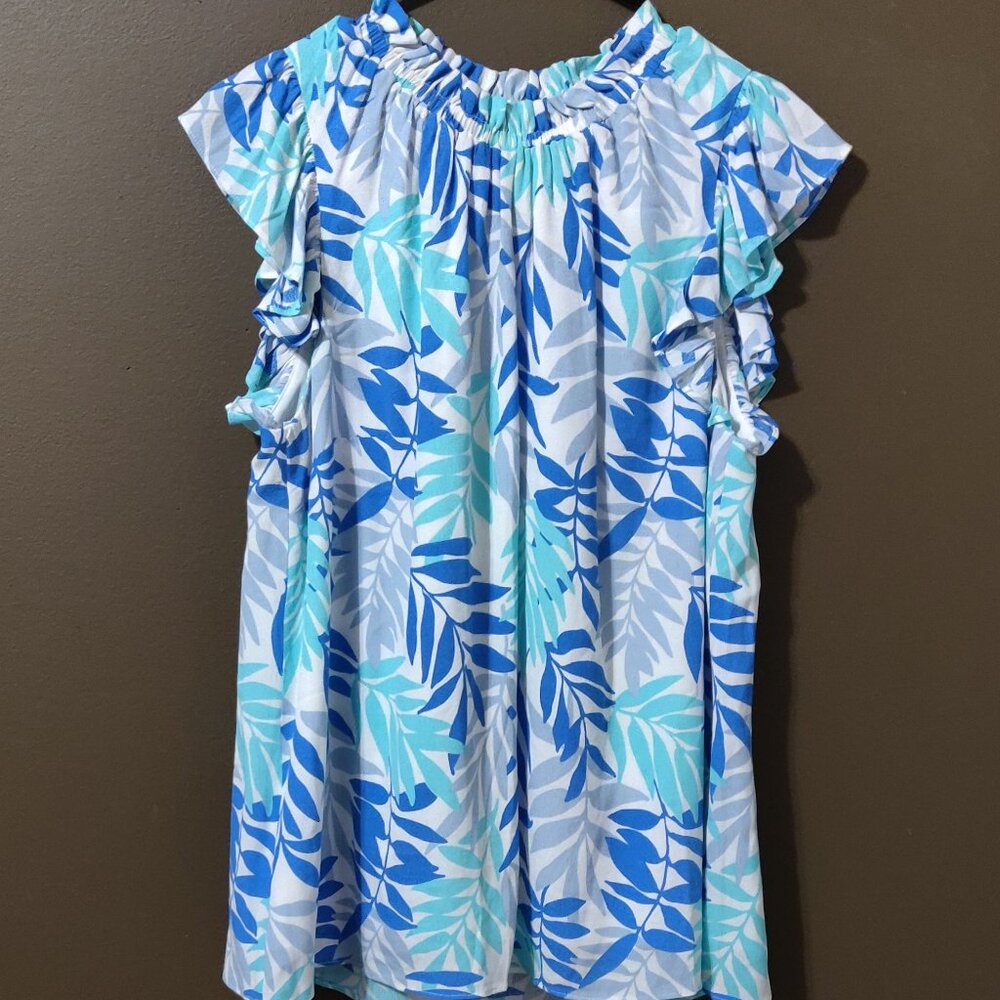 Sail To Sable Blue Palm Print Flutter Sleeve Ruff… - image 4